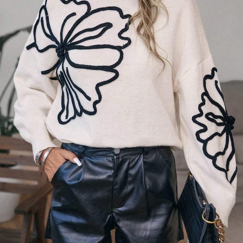 Floral Pattern Drop Shoulder Mock Neck Sweater - Picture 4 of 5